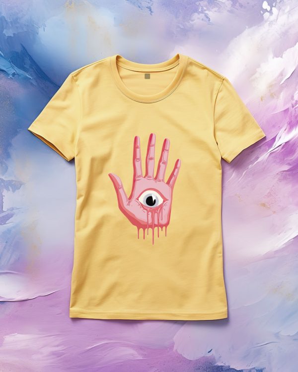 T-shirt design with a cartoon palm of the hand with an expressive eye in the middle