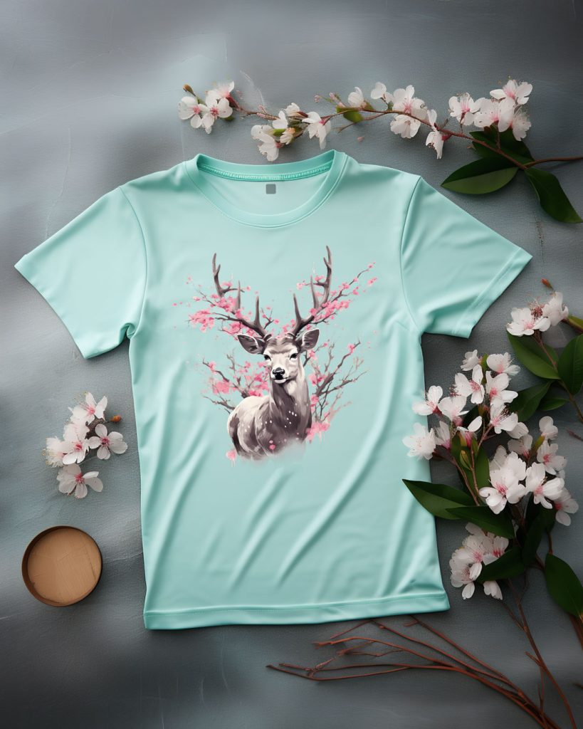 T-shirt design with a deer with sakura flowers woven into its antlers