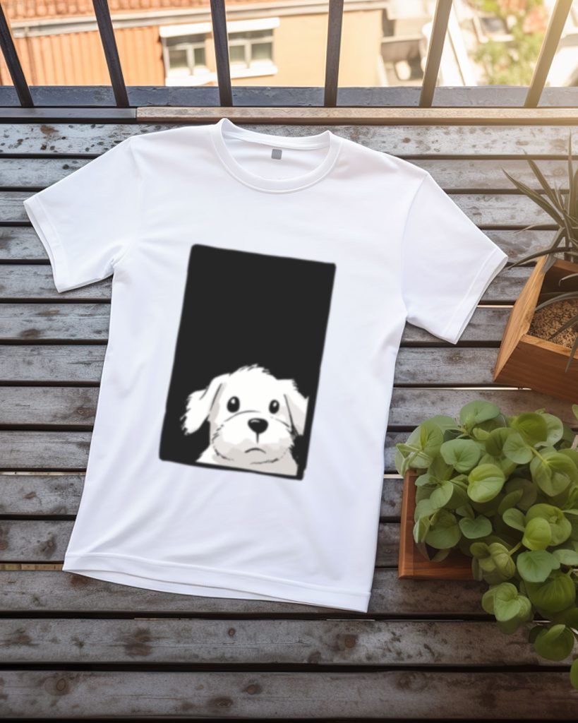 T-shirt design with a white dog sadly looking out a window