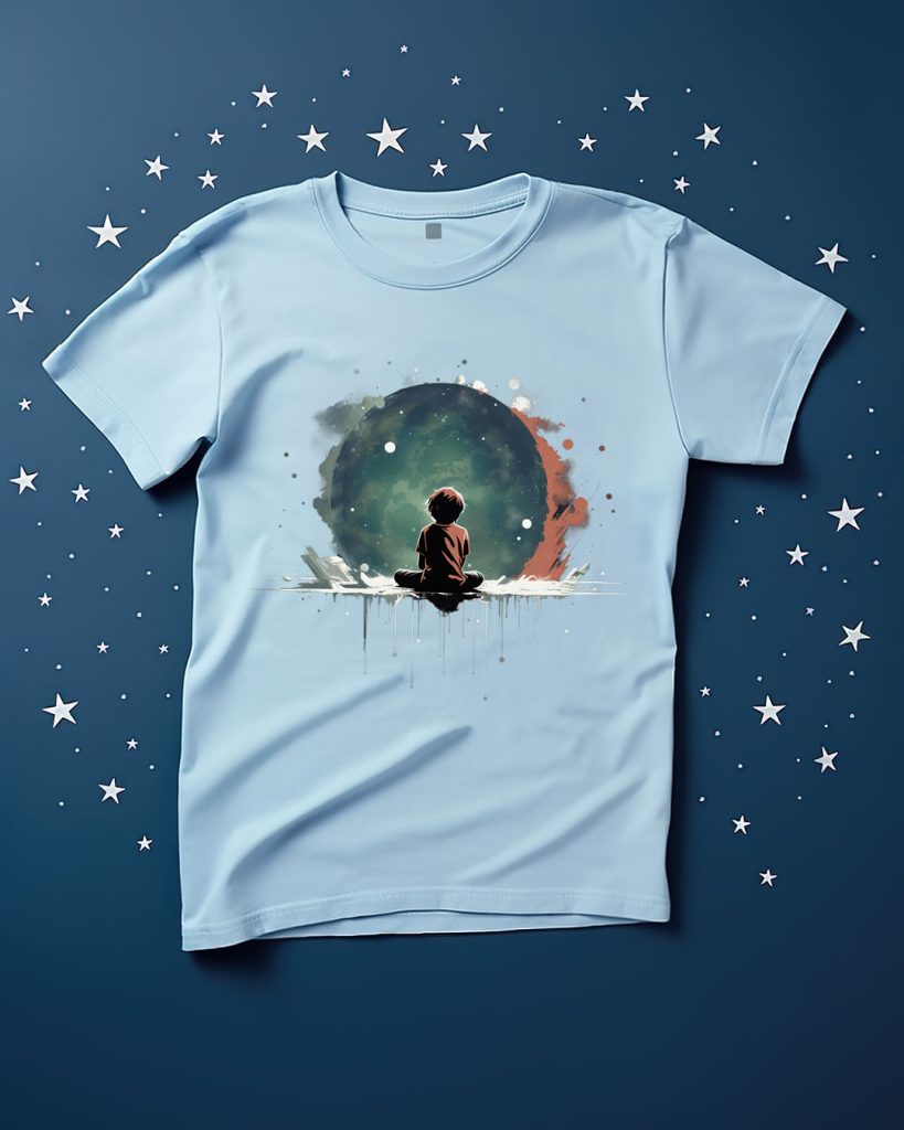 T-shirt design with a small boy that sits in a lotus meditation pose in front of a big moon