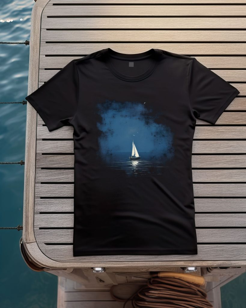 T-shirt design with a white sailboat at night