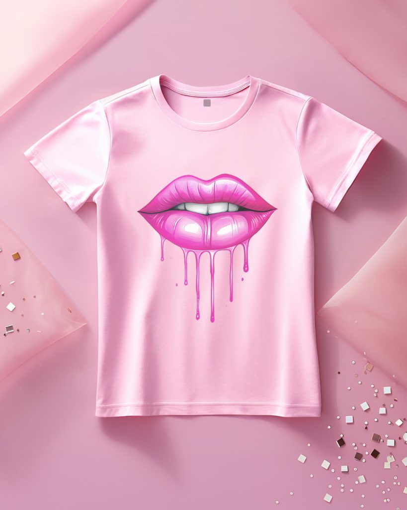 T-shirt design with a wet lips in pink lipstick