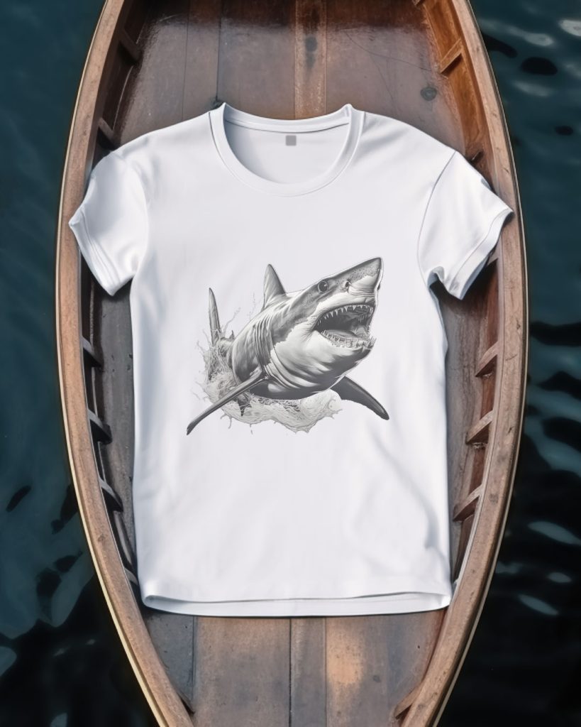 T-shirt design with an aggressive shark that jumps out of the water