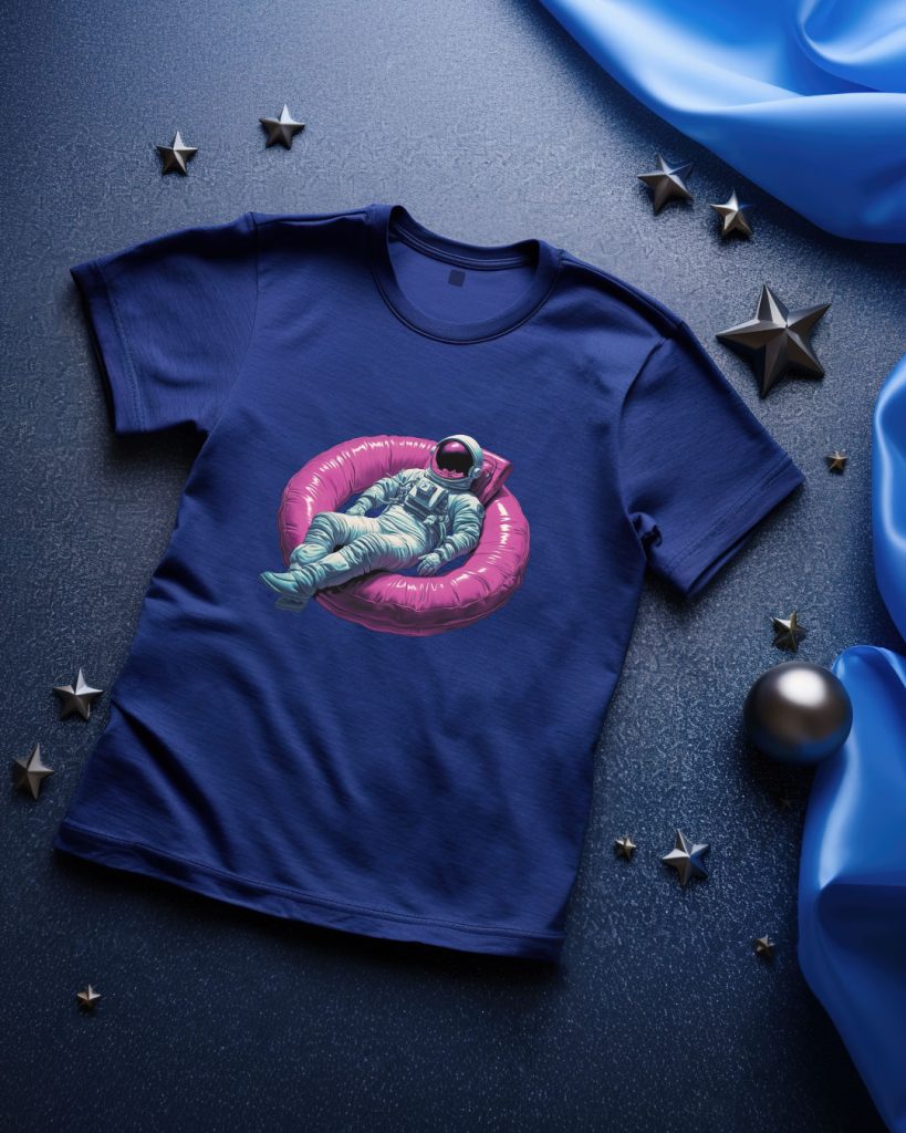 T-shirt design with an astronaut sleeping on a pink swimming lap in the cosmos