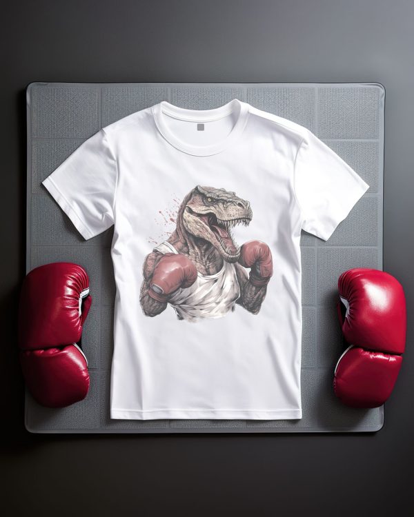 T-shirt design with a tyrannosaurus rex boxing