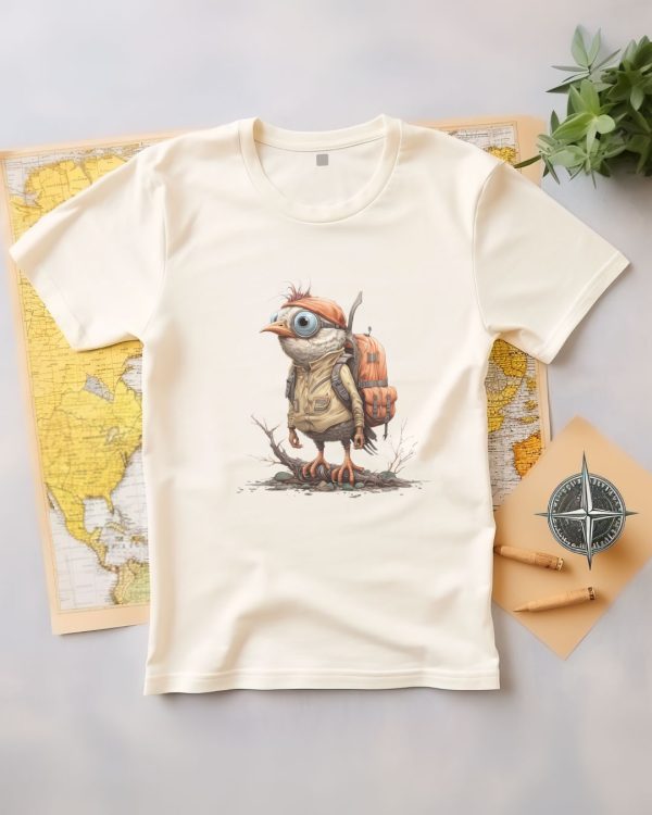 T-shirt design with a bird with a backpack