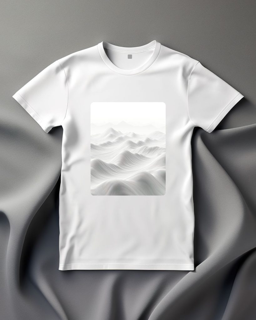 T-shirt design with a black and white drawing of high hills with wavy lines