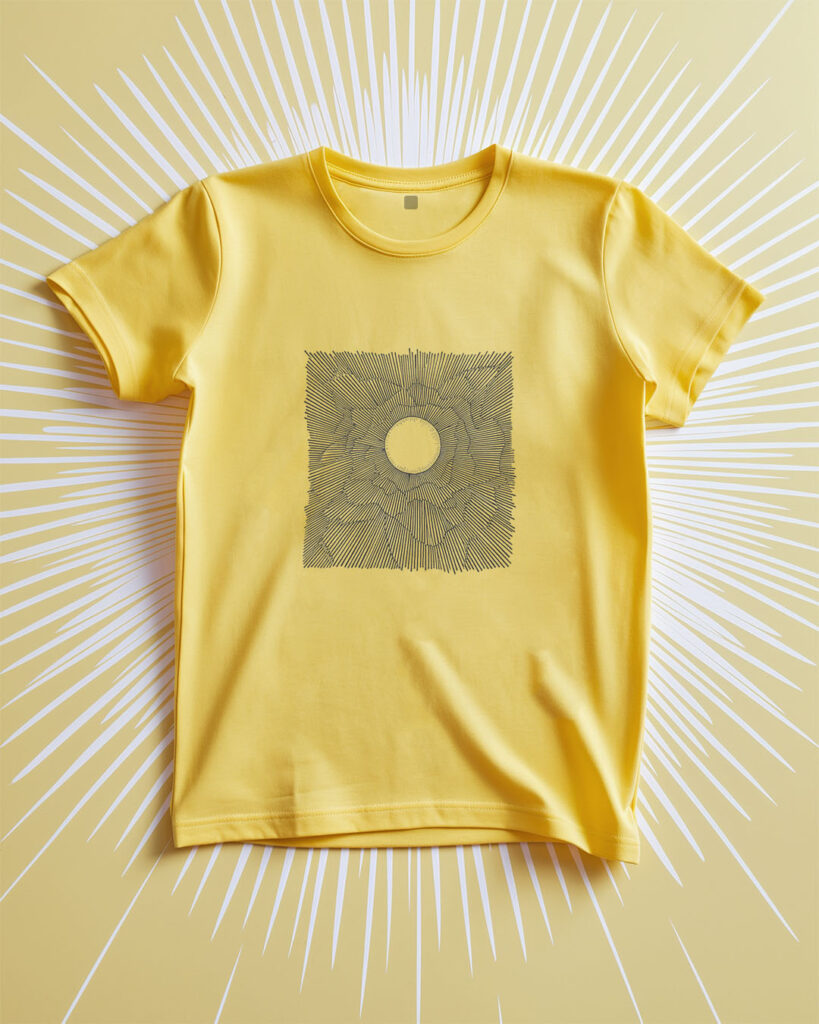 T-shirt design with a monochrome drawing of a sun, surrounded by lines, in the style of textured minimalist abstractions