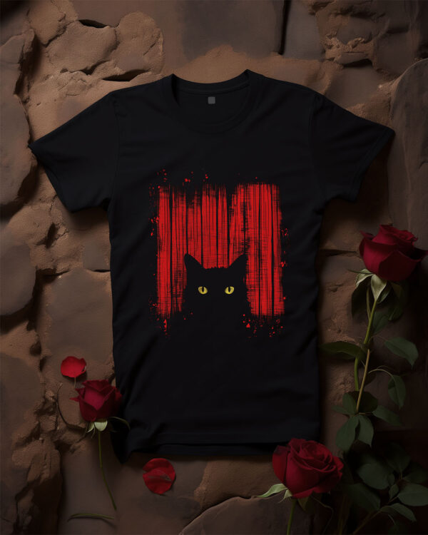 T-shirt design with a cat's head with glowing yellow eyes lurking on a red background